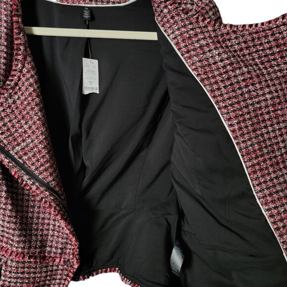 White House Black Market Red Black Tweed Fringe Moto Work Blazer Jacket Size 12 - Picture 6 of 11